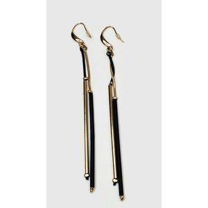 Black & Gold Tone Snake Chain Bugle Bead Earrings Long 4.25"
